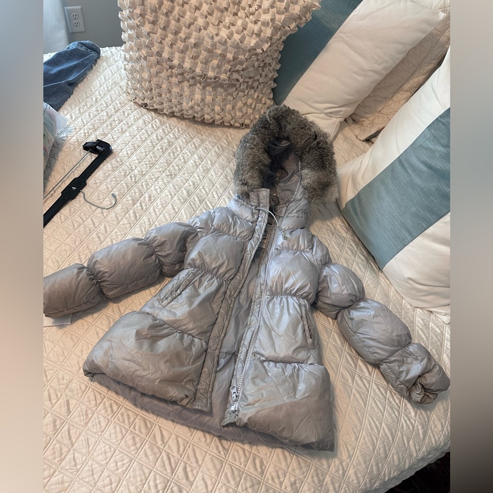 Nellystella Olympia size 8 goes Silver Puffer Jacket with Fur trim Hood